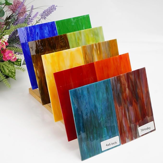 CHICSHIS 10 fogli di vetro colorato varietà, 10,2 x 15,2 cm, confezione di vetro Tiffany per fai da te, piastrelle in vetro colorato assortito per lavori a mosaico, colori misti
