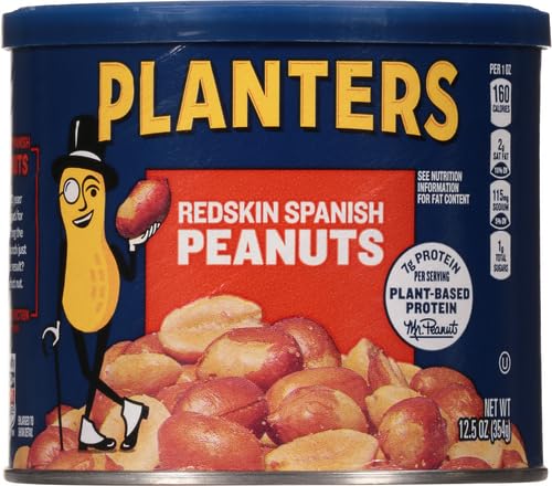 Image of PLANTERS Redskin Spanish Peanuts, Roasted Salted Peanuts, Plant Based Protein 12.5oz (1 Canister) (Pack of 2)