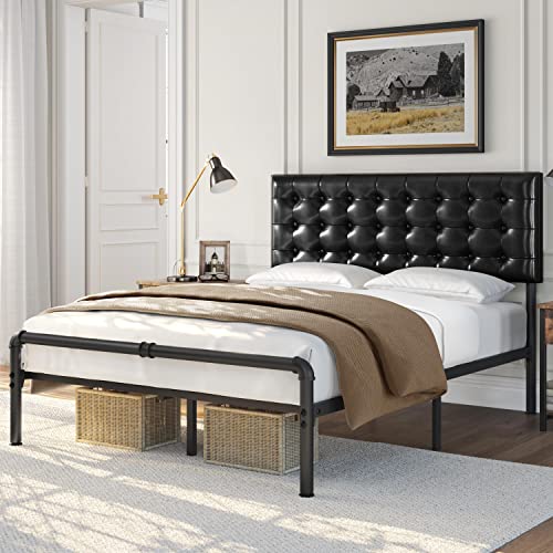 Yaheetech Queen Size Bed Frame, Metal Platform Bed With Faux Leather Height-Adjustable Headboard/12 Inch Underbed Storage/Noise Free/No Box Spring Needed/Industrial Pipe Foot End, Elegant Black #TOP2