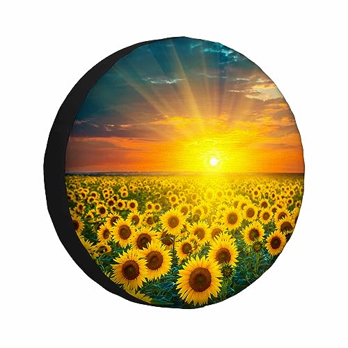 Image of Sunflowers Field Spare Tire Cover Sunrise Golden Yellow Sunflower Sunlight Bright Cloudy Weatherproof Universal Wheel Protectors Camper Tire Covers for Trailer Rv Travel(17 inch)