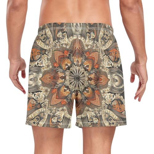 Mens Swim Trunks with Liner, Persian Pattern Orange Cool Quick Dry Beach Swim Shorts, Swimwear Bathing Suits S2