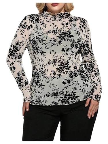 WDIRARA Women's Plus Size Floral Jacquard See Through Mesh Top