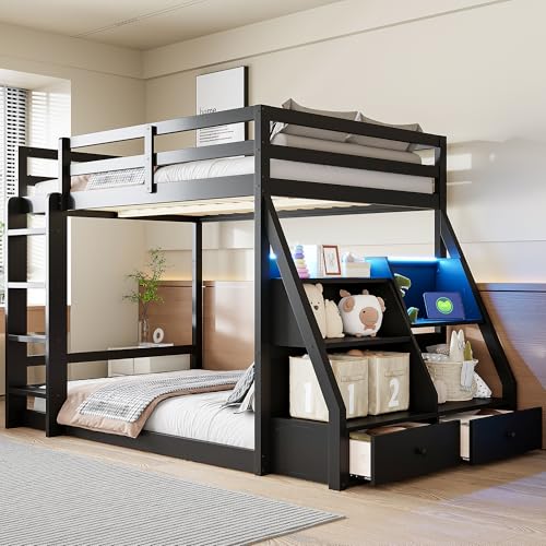Bunk Bed Full Over Full with USB Charging Station, Storage Shelves and 2 Drawers, Bed with Safety...
