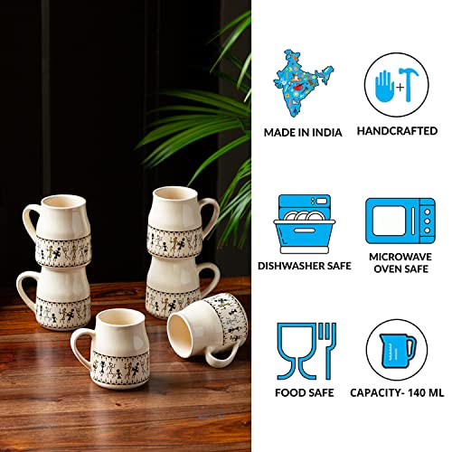 Image of ExclusiveLane 'Warli Village Tales' Ceramic Tea Cups Set of 6 for Tea Cups Ceramic (140 ml, Microwave Safe, Dishwasher Safe, Beige)| Coffee Cup Set Ceramic Cups Set of 6 Tea Cup Ceramic Drinkware