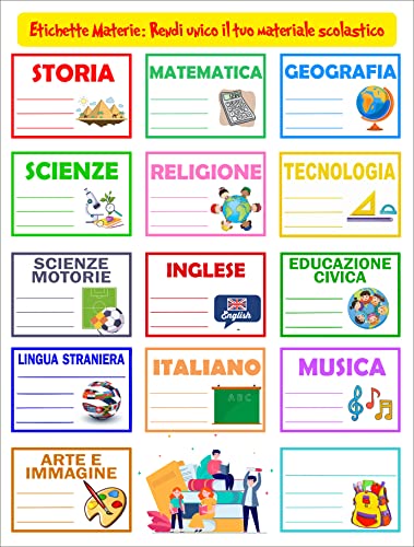 ❤ 84 ETICHETTE ADESIVE MATERIE SCOLASTICHE GRANDI 70 MM X 50 MM COLORATE , UTILI PER CONTRASSEGNARE QUADERNI, LBRI, DIARI, ECC ❤