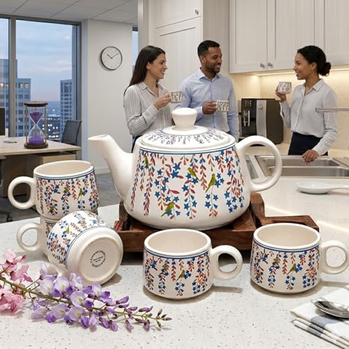 Image of DMRD MART-Handcrafted Ceramic Stag 7PC Tea Cup Set with Kettle Safe 6 Cups 1 Kettle | Tea Pot Set 1000ml Ceramic Porcelain Cup Set of 6 Perfect for Serving Coffee Green. (Leaf 7pc)