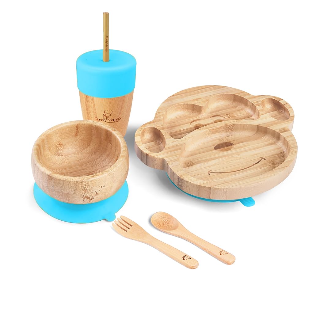 Bamboo Baby Feeding Set with Suction – Coby Monkey Plate, Bowl, Spoon & Fork and Sippy Cup | Natural Dinner Set for Toddlers & Babies | BPA Free (Blue)-image-28