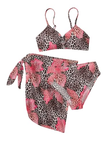Image of RoseSeek Girls 3 Piece Bikini Set with Beach Skirt Floral Leopard O-Ring Padded Swimsuit for Teen Girls