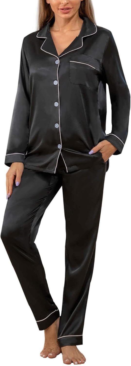 YIMANIE Womens Pajamas Silk Satin Pajama Sets for Women Soft Button Down Womens Loungewear Set with Pockets - Image 2