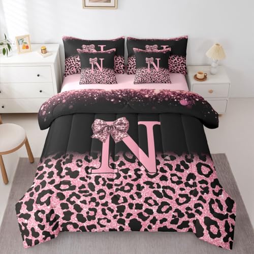 Image of Feelyou Pink Leopard Bow Comforter Set with Sheets 7 Piece Full Size Initial Letter N Bed in a Bag Kids Boys Girls Girly Bowknot Bedding Set Bedroom Decor Breathable Soft Lightweight Microfiber