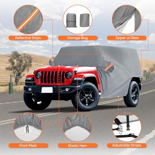Image of NEVERLAND Cab Cover for 2007-2026 Jeep Wrangler JK JKU JL JLU 4 Door, Waterproof Half Car Cover Oxford with Reflective Strip, Sun Snowproof Cab Car Cover for Convenient Zipper for Trunk