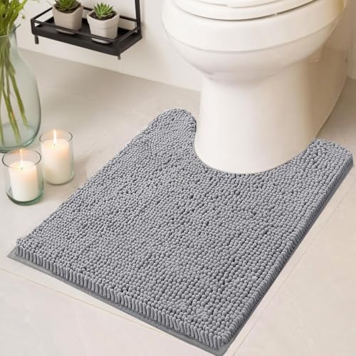 Flotstiga Toilet Rugs U Shaped Washable 20''x20'', Ultra Soft Absorbent Chenille Non Slip Contour Bathroom Rugs for Toilet,Dry Quickly, Machine Washable Bath Mats,Grey