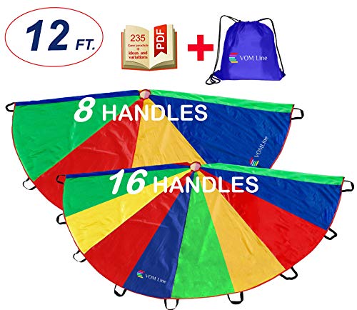VOMLine Play Parachute for Kids 12 Foot 8 16 Dirt Resistant Handles Rainbow