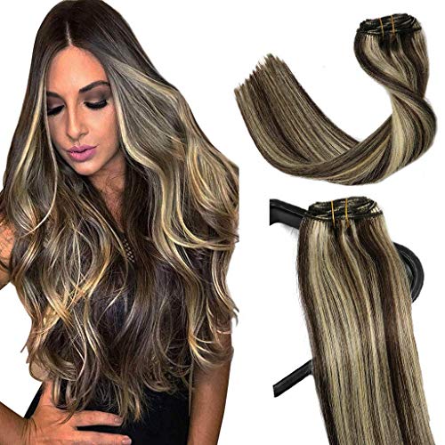Clip in Human Hair Extensions Dark Brown to Blonde Highlights 70gram Long Straight Full Head Remy Clip in Balayage Hair Extensions Human Hair 7 Pieces #2P613 18 inch