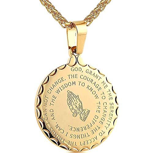 BODY16G CZCZ Bible Verse Prayer Necklace Stainless Steel Praying Hands Coin Medal Pendant Christian Jewelry (Gold)