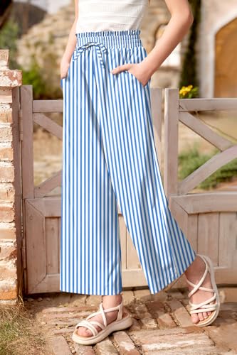 Image of Girls Summer Floral Wide Leg Pants High Waisted Flowy Dress Trousers with Pockets for School Lounge Beach 5-14 Years