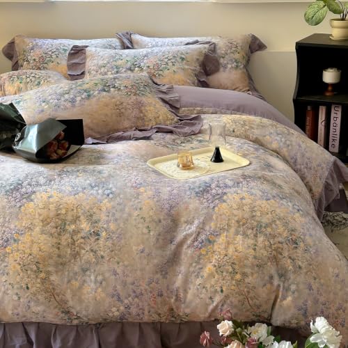 Image of VM VOUGEMARKET Romantic Ruffle Duvet Cover Set Queen,Purple Flower | Soft Double Layer Cotton Botanical Flower Bedding Set,Vintage Cottagecore Aesthetic Comforter Cover for Girls Women