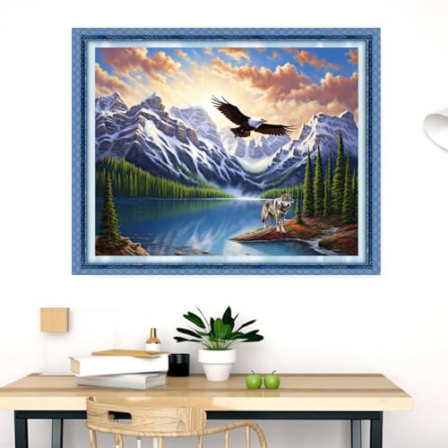 Image of Dimensean Stamped Cross Stitch Kits Full Range of Embroidery Patterns Starter Kits for Beginners Adult DIY Cross Stitches Needlepoint Kits 11CT-Mountain River Forest Eagle 16x20 inch