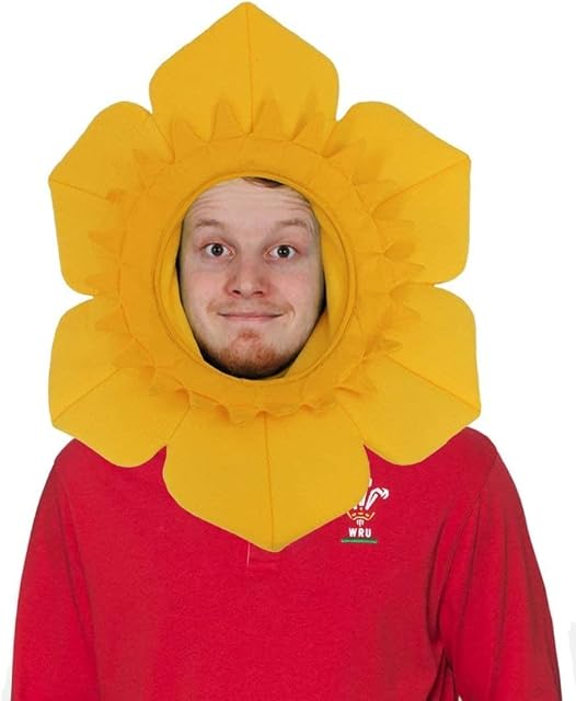 WELSH DAFFODIL HAT FOOTBALL RUGBY - YELLOW DAFFODIL HAT WITH ATTACHED YELLOW HOOD - WORLD CUP FANCY DRESS ACCESSORY HAT WALES WELSH SPORT SUPPORTER HAT