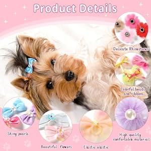 40 Handmade Dog Hair Bows - Cute Bowknot Accessories with Rubber Bands, Lace, Organza, Rhinestones and Pearls in Multicolor for Grooming 40 Handmade Dog Hair Bows Cute Bowknot Accessories with Rubber Bands Lace Organza Rhinestones and Pearls in Multicolor for Grooming