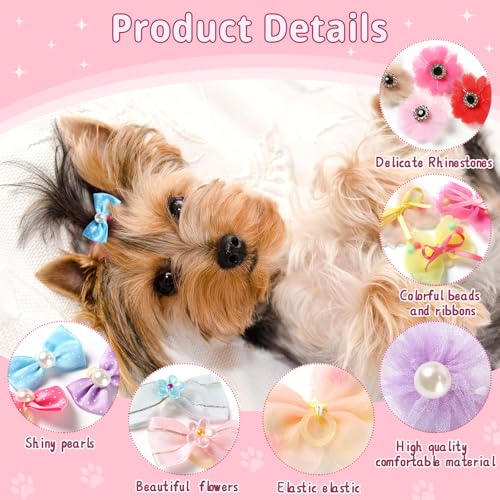 40-Handmade-Dog-Hair-Bows-Cute-Bowknot-Accessories-with-Rubber-Bands-Lace-Organza-Rhinestones-and-Pearls-in-Multicolor-for-Grooming 40 Handmade Dog Hair Bows Cute Bowknot Accessories with Rubber Bands Lace Organza Rhinestones and Pearls in Multicolor for Grooming