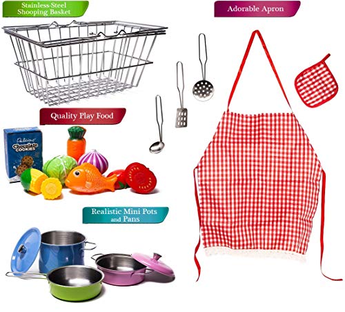 Stainless-steel Shopping Basket and Stainless Toy Kitchen Pots and Pans with Utensils - Beautiful Fish and Play Vegetables Toys - Apron - Pretend Play Grocery & Cooking For Toddlers Boys and Girls - Thumbnail 3