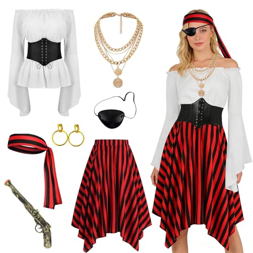 MeYuxg Disfraz Pirata Mujer, Medieval Disfraz de Pirata Mujer que Incluye Blusa Blanca, Falda Roja, Corsé, Pañuelo Pirata, Collar, Completo Disfraces Piratas para Carnavales, Fiestas, Cosplay (M)