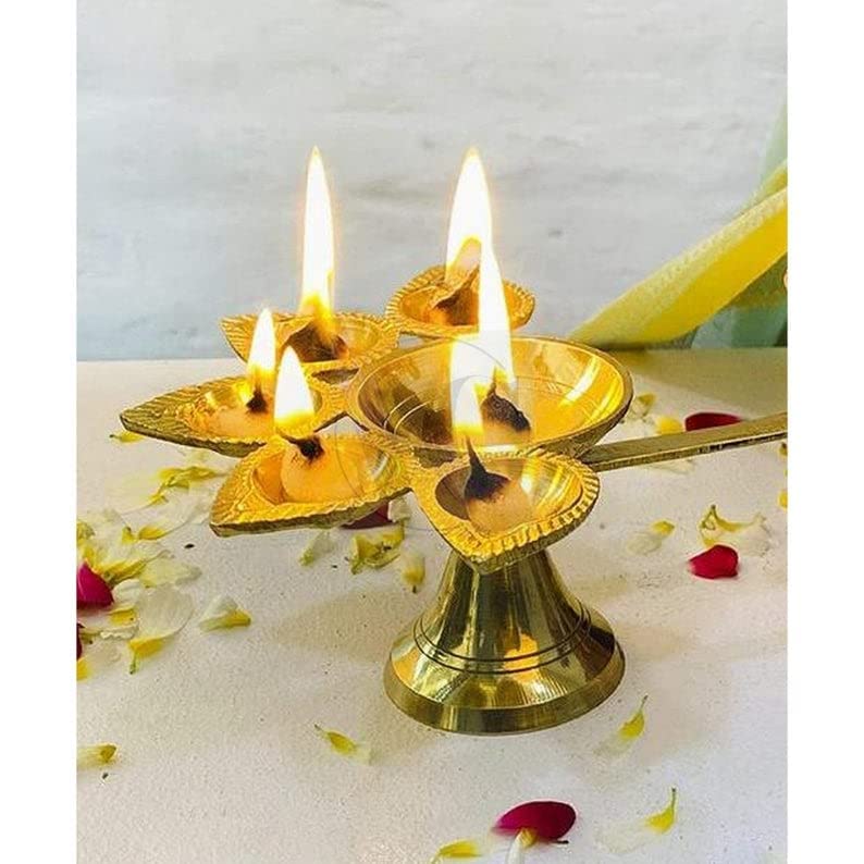 Denique Brass Panch Aarti Diya,Pancharti Oil Lamp Panchmukhi Jyoti Diya for Home Temple Diwali/Navratri/Any Festival & Pooja 2