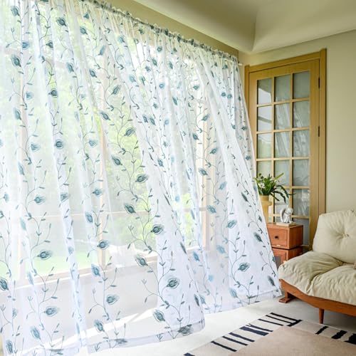 Image of Floral Embroidery Sheer Curtains Blue 63 Inches, Rod Pocket Voile Drapes for Living room, Bedroom, Window Treatments Semi Crinkle Curtain Panels for Yard, Patio, Villa, Parlor, Set of 2, 52 inchx 63 inch.