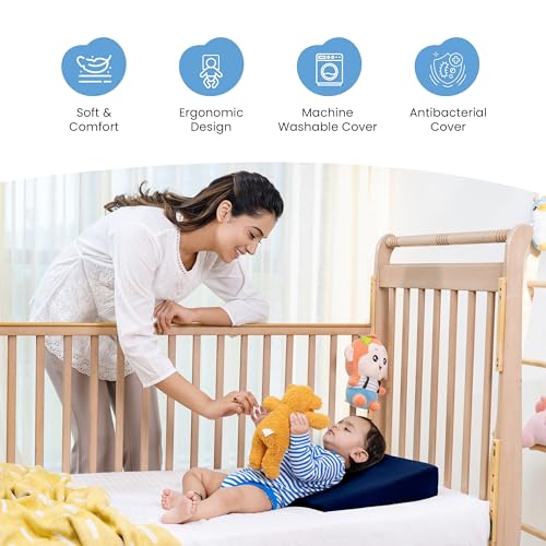 Image of Cherilo Half Size Elevated Wedge Pillow for Baby Crib & Mattress, Helps to Elevate Baby for Acid Reflux, Colic, GERD, Heat Burn & Vomiting -19 inch x 13.5 inch x 3 inch - with Removable Velvet Cover - Navy Blue