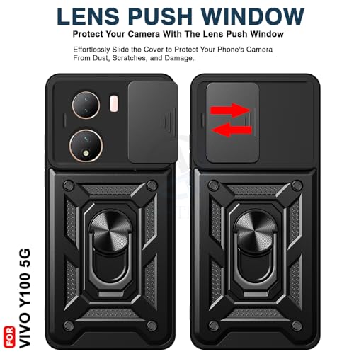 Image of AESTMO Tough Armor Vivo Y100 Bumper Back Case Cover | Ring Holder & Sliding Camera Shield Cover | 360 Degree Protection Back Case Cover for Vivo Y100 (Black)