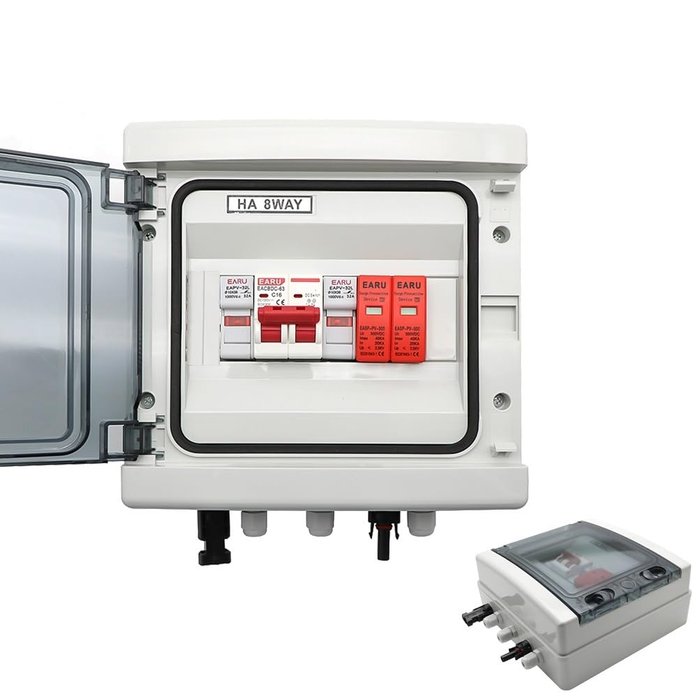 Coffret Electrique Etanche,Tableau Electrique Boîte De Combinaison Solaire Photovoltaïque PV, 500V, 1 Entrée, Sortie, Avec Protection Contre La Foudre, Fusible DC MCB SPD(DC MCB 32A)