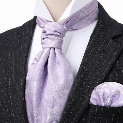 Image of HISDERN Ascot Ties for Men Paisley Floral Ascot and Pocket Square Set Classic Self Tie Mens Cravat Handkerchief for Wedding