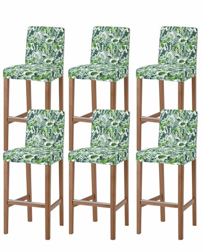Habtucy Tropical Bar Stool Chair Covers Set of 6 with Back, Stretch Barstool Slipcovers Washable, Green Palm Leaf Summer Plant Pub Counter Height/Swivel/Cafe/Dining Room Chairs Seat Furniture Cover