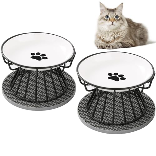 Aevcvok Alimentador de gato elevado, 2 tigelas para gatos de cerâmica com suporte e tapete antiderrapante, prato comida gato plano para aliviar a fadiga dos bigodes