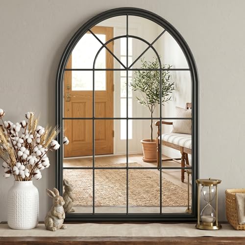 Image of Window Mirrors for Wall Decor - Large Black Farmhouse Arched Window Pane Mirror for Wall Decor Living Room,Wall Mounted Mirror for Entryway, Fireplace,Dining Room,Bedroom,36 inchX24 inch Metal Framed