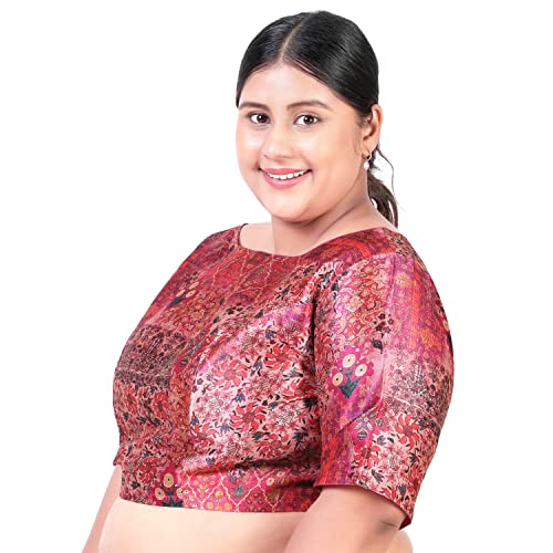 Image of Studio Shringaar Women`s Plus Size Polyester Elbow Length Sleeves Abstract Print Saree Blouse (Pink, 48)