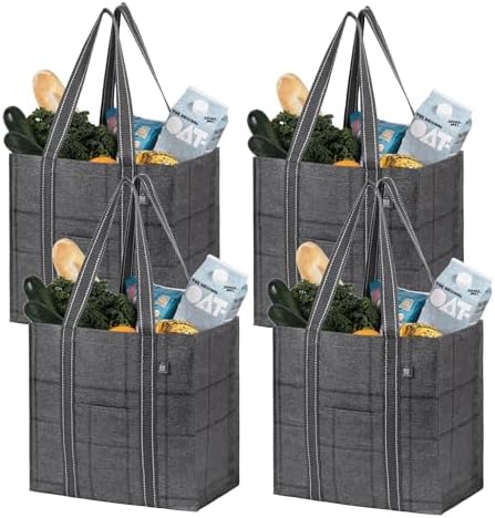 VENO 4 Pack Reusable Grocery Bags with Hard Bottom, Heavy-Duty Sh...