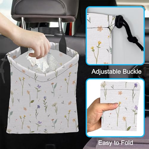 Image of Car Trash Bag Wildflowers Car Garbage Bag Hanging Car Trash Can for Back Seat with Drawstring