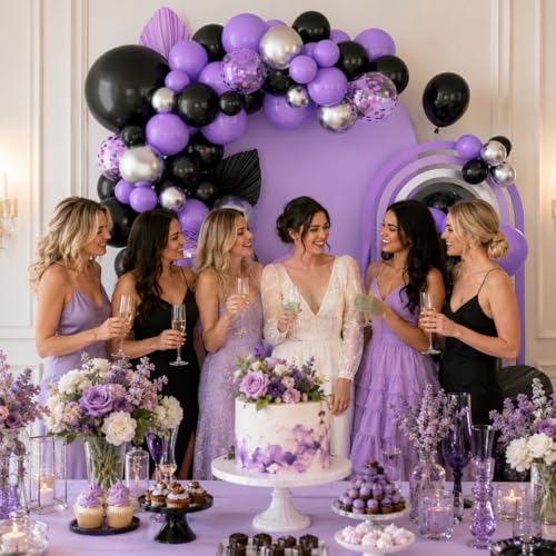 Image of Black Purple Balloons Arch Kit,BTZO Metallic Silver Purple Confetti Balloon for Birthday Wedding Bridal Shower Graduations Party Decorations