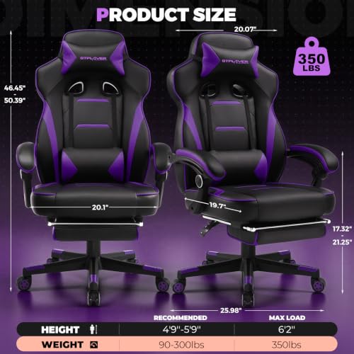 Image of GTPLAYER Gaming Chair with Footrest, 350LBS Big and Tall Office Chair, Ergonomic High Back Lumbar Support and Recliner for Back Pain Relief, Purple