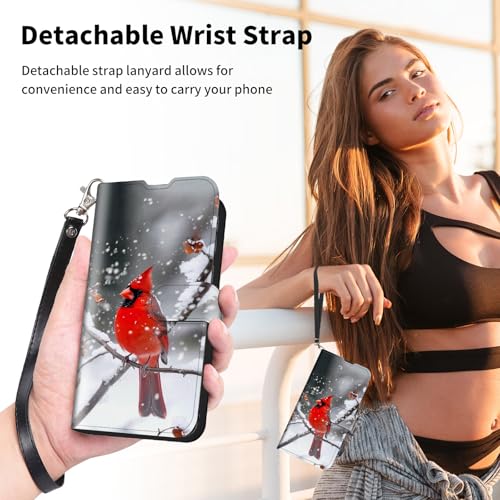 ACWDMKH for Samsung Galaxy S25 Ultra Case with Card Holder & Kickstand & Wrist Strap Wallet Flip Folio Leather Magnetic Protective Shockproof Phone Case for Samsung S25 Ultra,Main Cardinals Snow - image 4