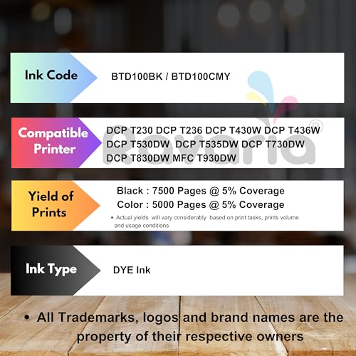 Image of BTD100BK / BTD100CMY Compatible Ink for Brother Printer DCP-T236 DCP-T230 DCP-T436W DCP-T430W DCP-T535DW DCP-T530DW DCP-T730DW DCP-T830DW MFC-T930DW (BTD100BK & BT100CMY Ink Set (4 Color))