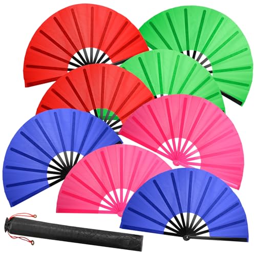 ATTRACME 8 PCS Large Folding Fans Set for Line Dance & Popping, Chinese Kung Fu Hand Fans with 8PCS Fan Sleeves for Line Dancing for Men Women - Royal Blue, Rose Red, Green, Red