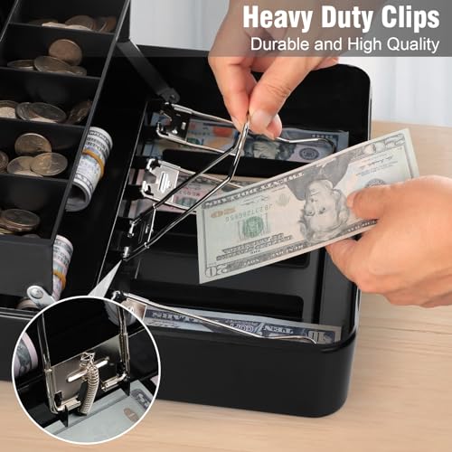 Image of KYODOLED Cash Box with Top Key Lock-0.7mm Metal Money Box for Flea Market Vendors, Craft Fairs & Small Business, Portable Cash Drawer with Auto-Pop Coin Tray & Windproof Bill Clips (11.8 inch, Black)