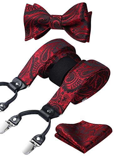 HISDERN Suspenders for Men Red Suspender and Bow Tie Set Burgundy Paisley Adjustable Y-Back Tuxedo Suspender Bowtie Pocket Square for Wedding