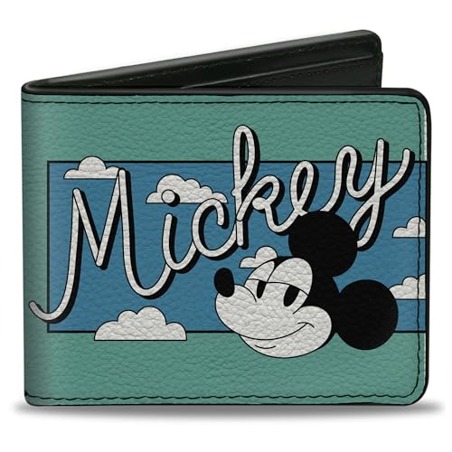Buckle-Down Disney Wallet, Bifold, Mickey Smiling Face and Clouds Script Blues White, Vegan Leather