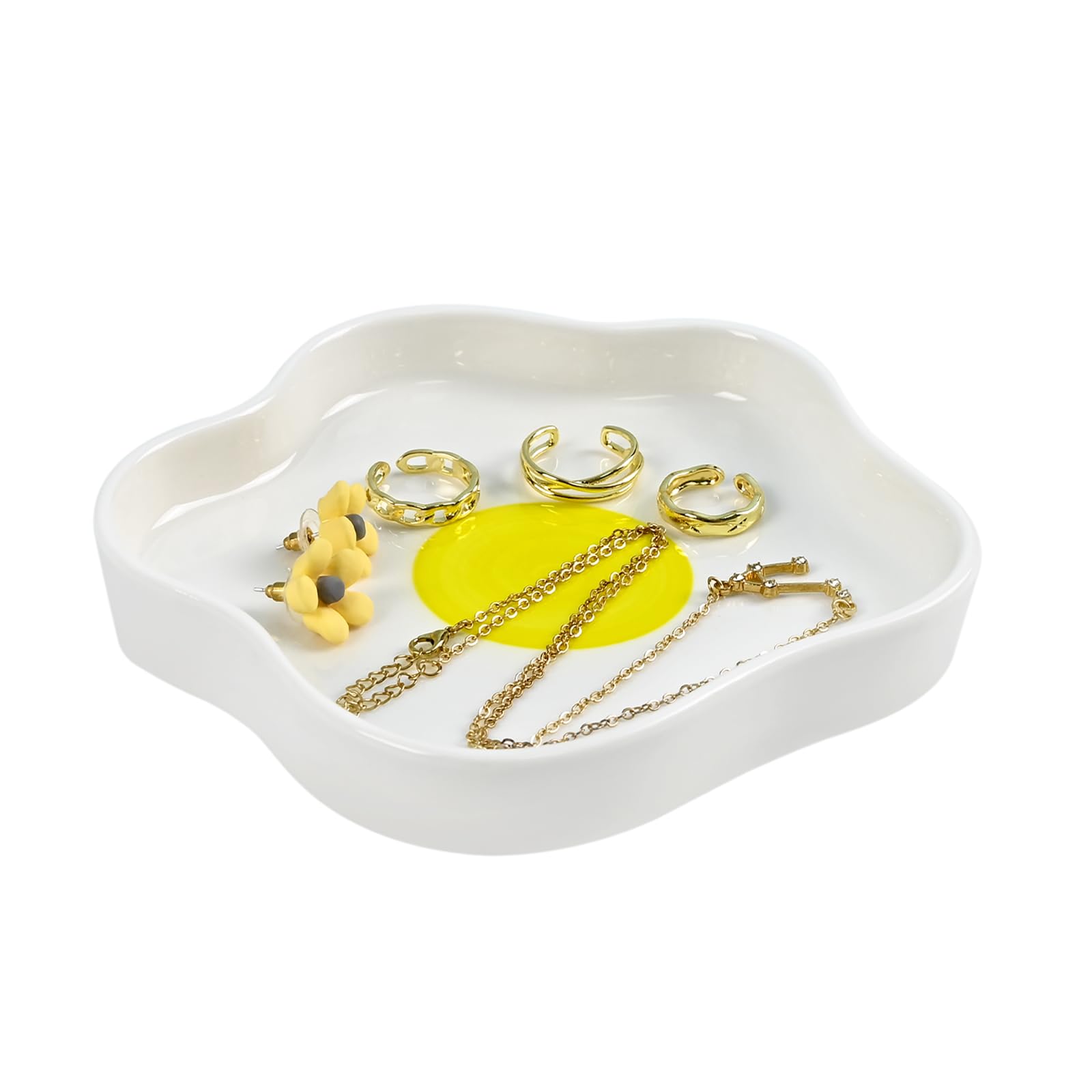 Koythin Ceramic Jewelry Tray, Floral Shape Trinket Holder Dish for Ring Necklace Earring, Cute Decorative Trays, Great Gift Chioce for Mom Girls Friends (Omelette)