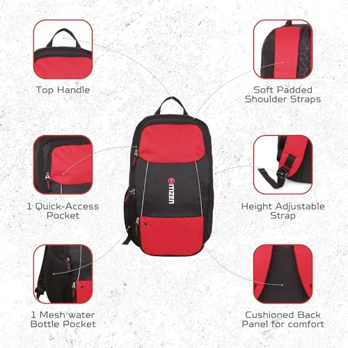 Image of Citizen Ultimate Gym Bag 17L - Quick Access Pocket, Separate Shoe Compartment, Bottle Holder, Reflective Strips for Safety, Adjustable Shoulder Strap, Lightweight-Men & Women-Black Red