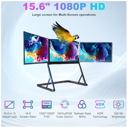 Image of 15.6 inch Laptop Screen Extender Monitor Portable, 1080P FHD IPS Triple Screen Monitor for Laptops, Just 1 Cable for 3 Screens, Laptop Extender Compatible with 360 Rotation with Wins /Mac